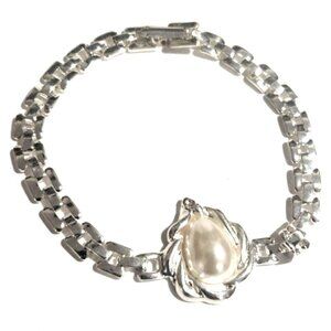 Silver tone Bracelet w/ Pearl Centerpiece - Women's Jewelry Timeless Elegance